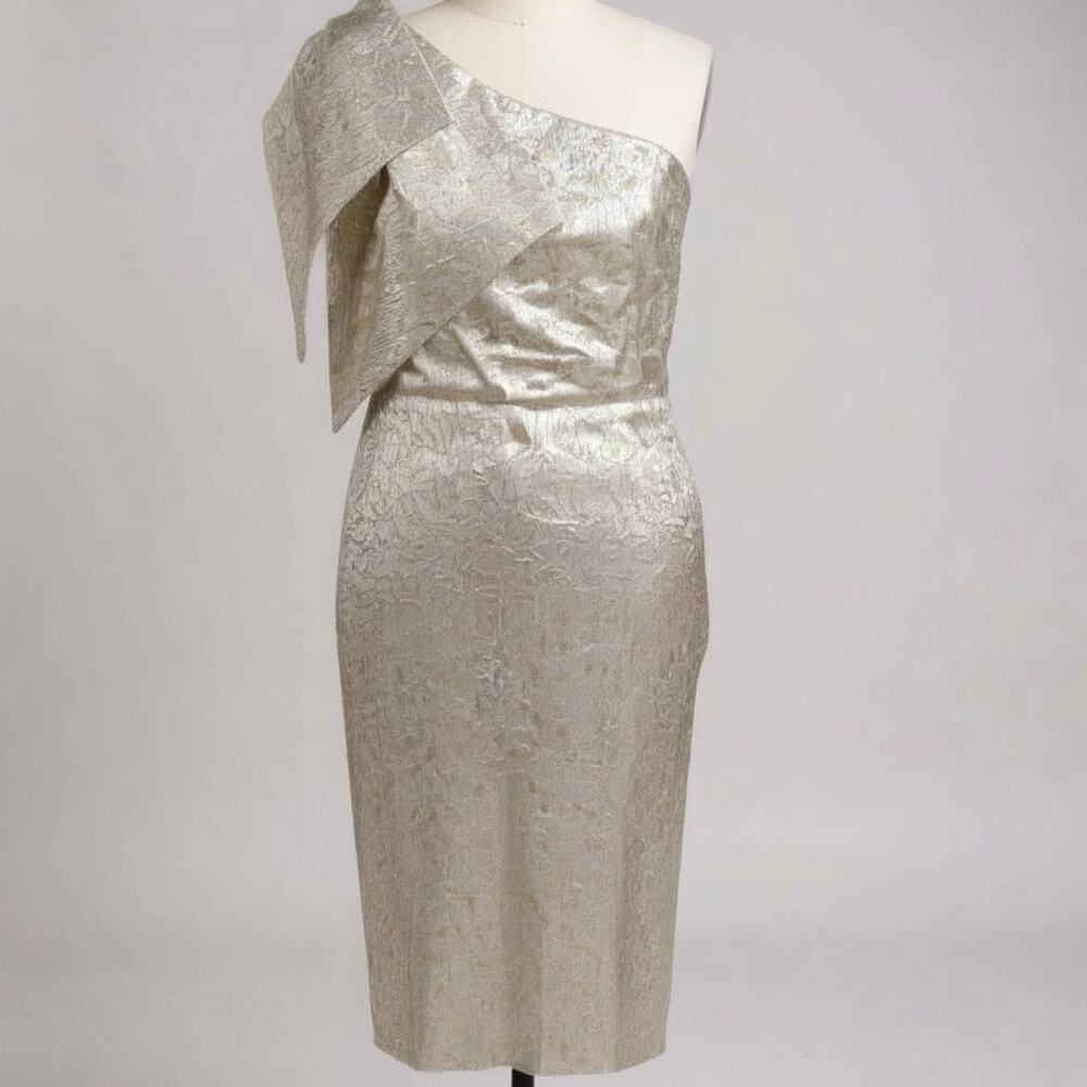 Betsy & Adam Metallic One Shoulder Cocktail Sheath Dress Gold Silver Women 8